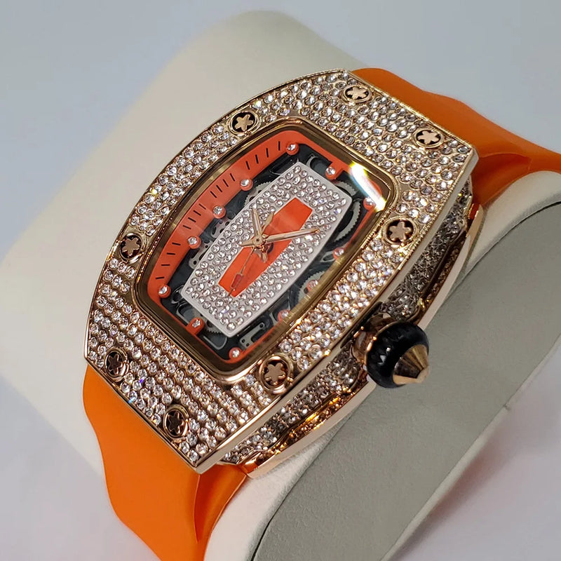 Relógio de diamante de luxo para mulheres Elegante Tonneau Design Original Relógios Moda Ice Out Sport Pulseira de borracha à prova d'água Mille Clock