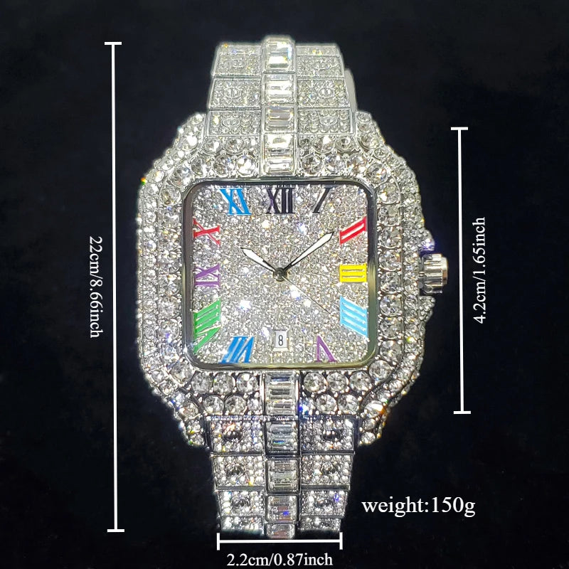 Novo Relógio de Diamante de Luxo Masculino Moda Congelada Quadrada Colorida Número Relógios Hip Hop Bling Jóias Reloj Hombre para Festa