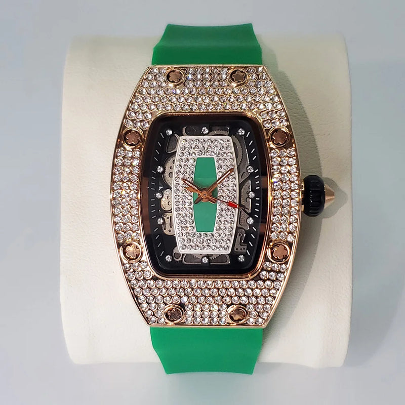 Relógio de diamante de luxo para mulheres Elegante Tonneau Design Original Relógios Moda Ice Out Sport Pulseira de borracha à prova d'água Mille Clock