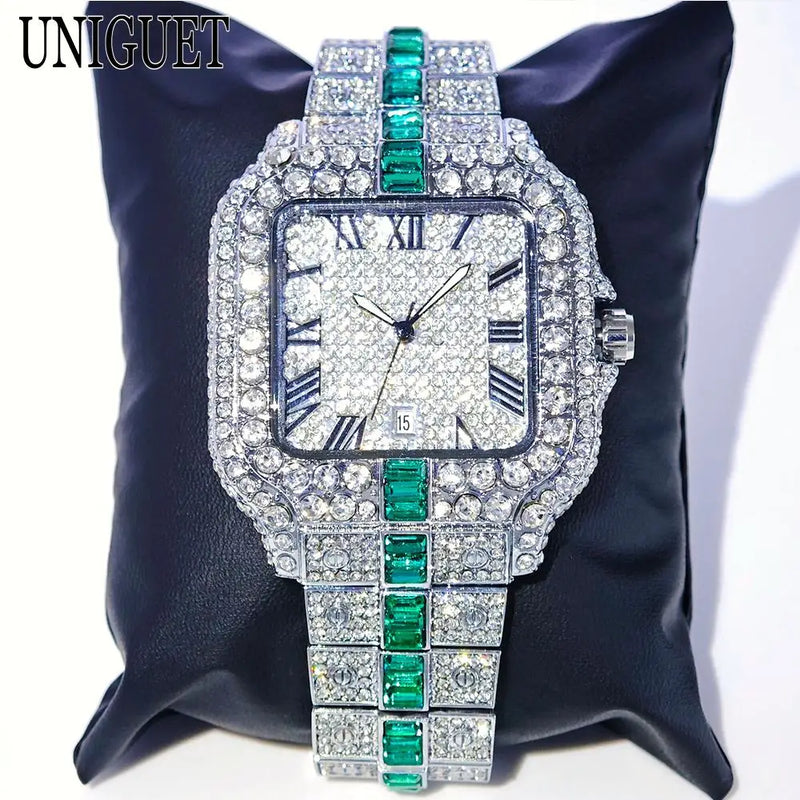 Relógio De Diamante Dos Homens UNIGUET Marca Hip Hop Iced Out Bling Jóias Quadrado Relógio De Pulso.