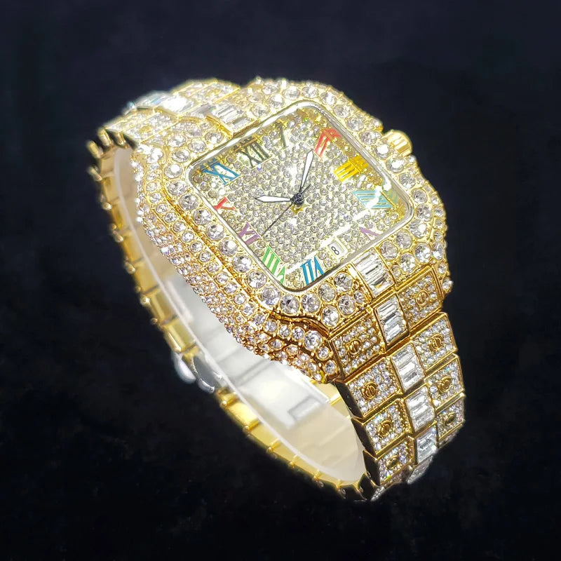 Novo Relógio de Diamante de Luxo Masculino Moda Congelada Quadrada Colorida Número Relógios Hip Hop Bling Jóias Reloj Hombre para Festa