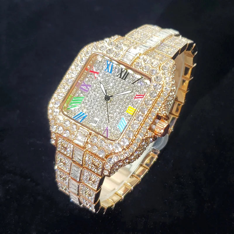 Novo Relógio de Diamante de Luxo Masculino Moda Congelada Quadrada Colorida Número Relógios Hip Hop Bling Jóias Reloj Hombre para Festa