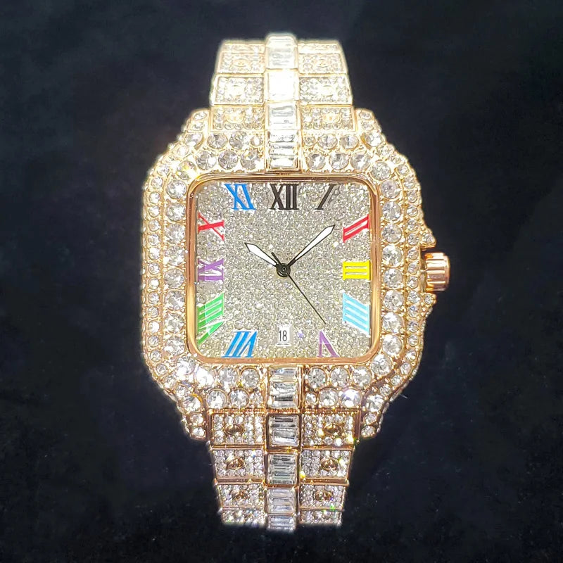 Novo Relógio de Diamante de Luxo Masculino Moda Congelada Quadrada Colorida Número Relógios Hip Hop Bling Jóias Reloj Hombre para Festa