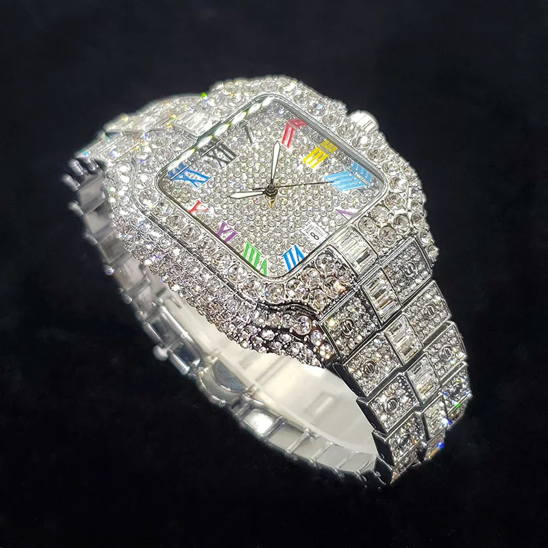 Novo Relógio de Diamante de Luxo Masculino Moda Congelada Quadrada Colorida Número Relógios Hip Hop Bling Jóias Reloj Hombre para Festa