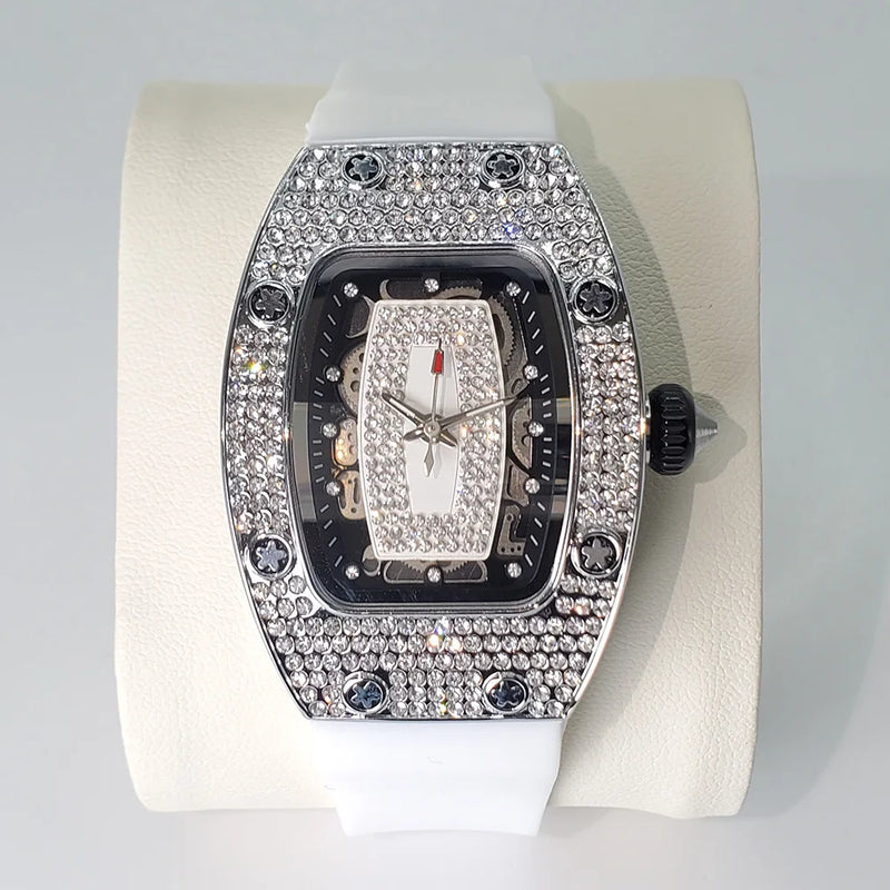 Relógio de diamante de luxo para mulheres Elegante Tonneau Design Original Relógios Moda Ice Out Sport Pulseira de borracha à prova d'água Mille Clock