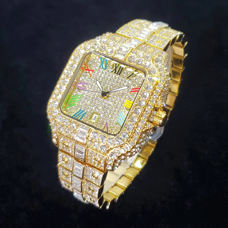 Novo Relógio de Diamante de Luxo Masculino Moda Congelada Quadrada Colorida Número Relógios Hip Hop Bling Jóias Reloj Hombre para Festa