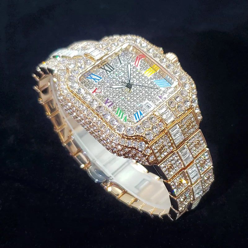 Novo Relógio de Diamante de Luxo Masculino Moda Congelada Quadrada Colorida Número Relógios Hip Hop Bling Jóias Reloj Hombre para Festa