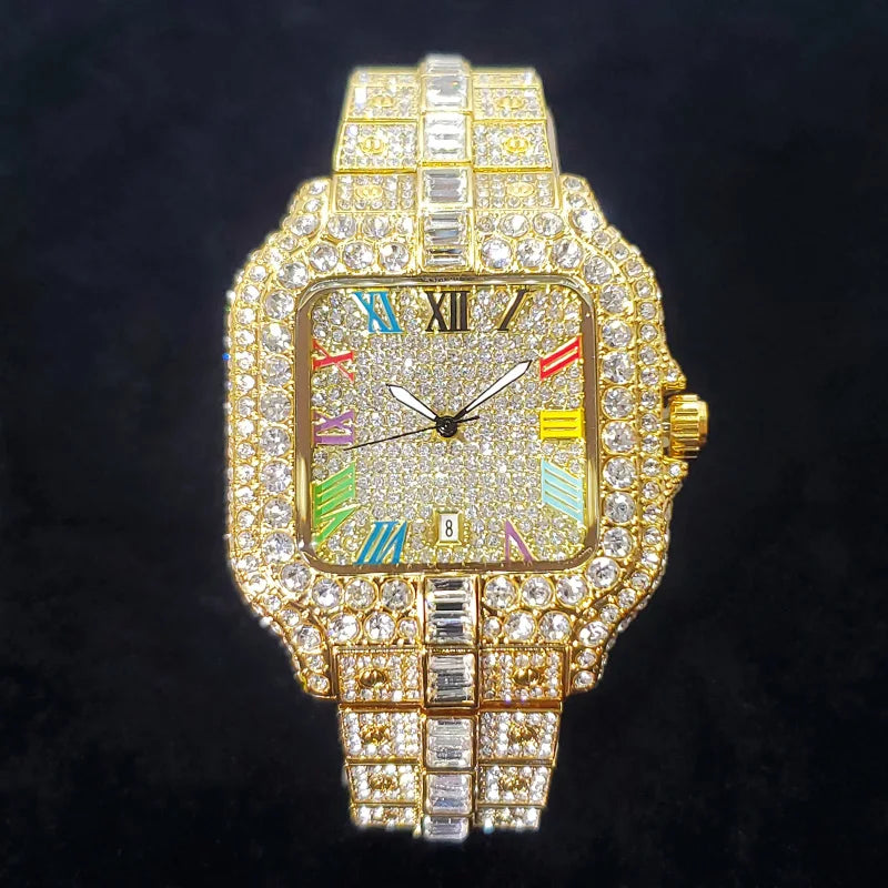 Novo Relógio de Diamante de Luxo Masculino Moda Congelada Quadrada Colorida Número Relógios Hip Hop Bling Jóias Reloj Hombre para Festa