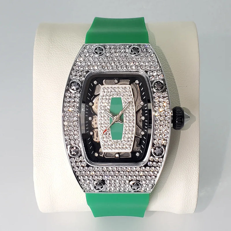 Relógio de diamante de luxo para mulheres Elegante Tonneau Design Original Relógios Moda Ice Out Sport Pulseira de borracha à prova d'água Mille Clock