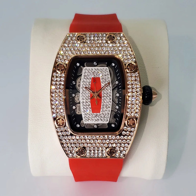 Relógio de diamante de luxo para mulheres Elegante Tonneau Design Original Relógios Moda Ice Out Sport Pulseira de borracha à prova d'água Mille Clock