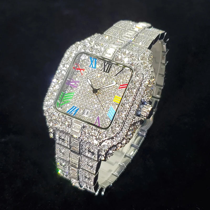 Novo Relógio de Diamante de Luxo Masculino Moda Congelada Quadrada Colorida Número Relógios Hip Hop Bling Jóias Reloj Hombre para Festa